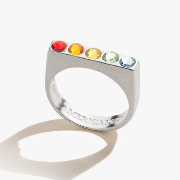 Alex And Ani Sterling Silver Rainbow Crystal Signet Bar Flat Top Rhinestone Ring - Picture 3 of 17